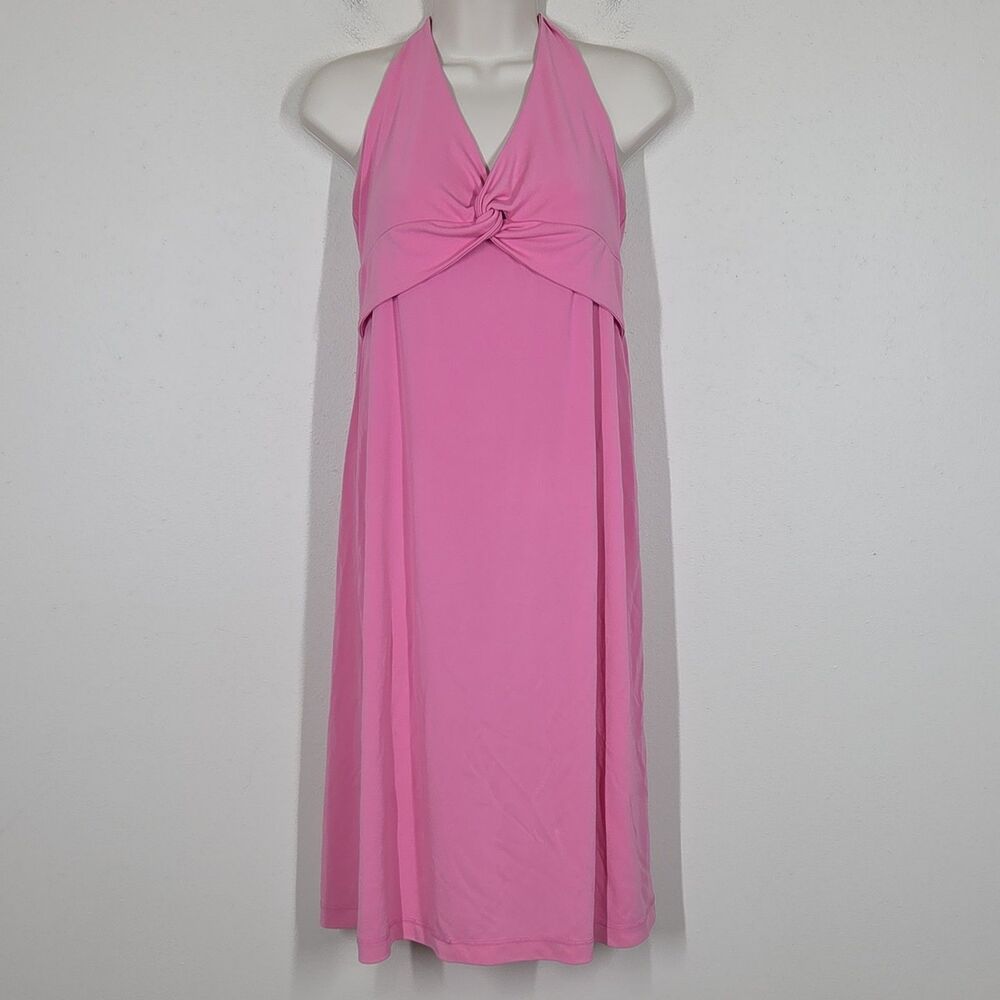 Vtg Y2K BCBGMaxAzria Pink Halter Mini Dress Stretchy L Barbie Preppy Coquette